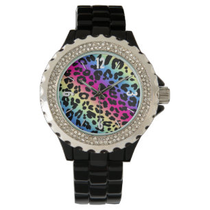 Neon Rainbow Leopard Pattern Print Watch