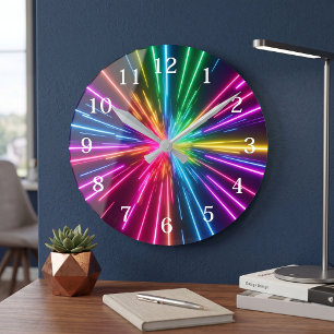 Neon Rainbow Light Burst Abstract Colorful Modern Round Clock