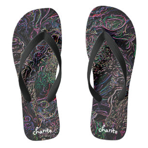 Neon Rainbow Marbled Lines Bubbles Vibrant Black  Flip Flops