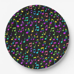 Neon Rainbow Musical Notes On Black Paper Plates
