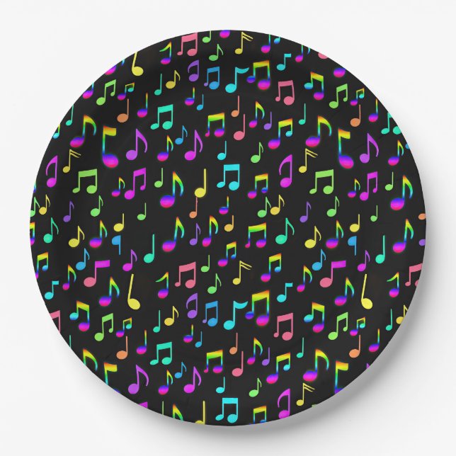 Neon Rainbow Musical Notes On Black Paper Plates (Front)