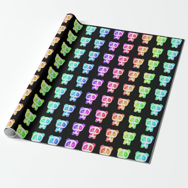 Neon Rainbow Pandas Wrapping Paper (Unrolled)