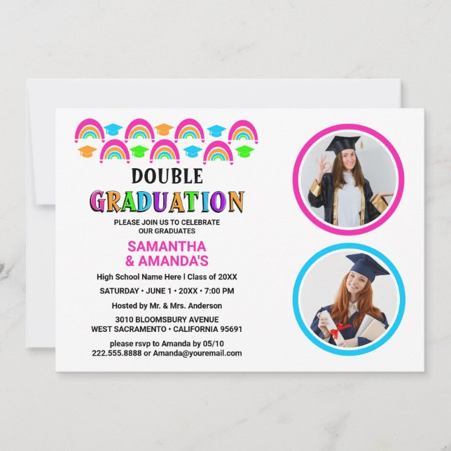 Neon Rainbow Photo Double Graduation Party Invitation (Front)