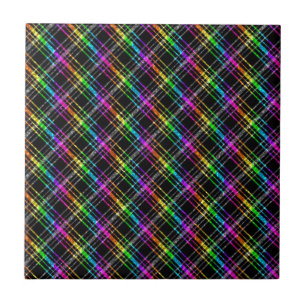 Neon Rainbow Plaid on Black Ceramic Tile