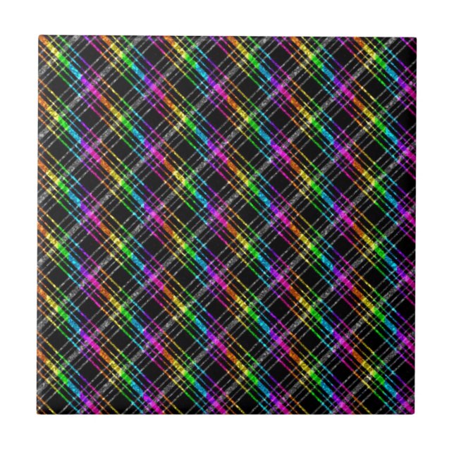 Neon Rainbow Plaid on Black Ceramic Tile (Front)