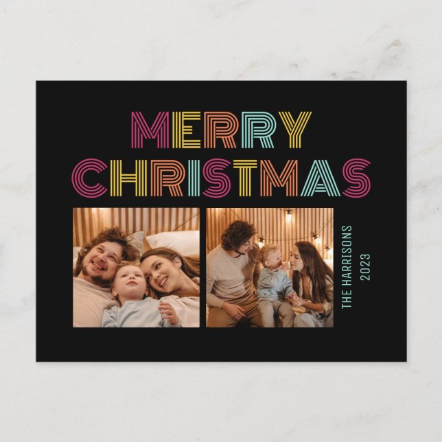 Neon Rainbow Retro Christmas Holidays Photos Black Postcard (Front)