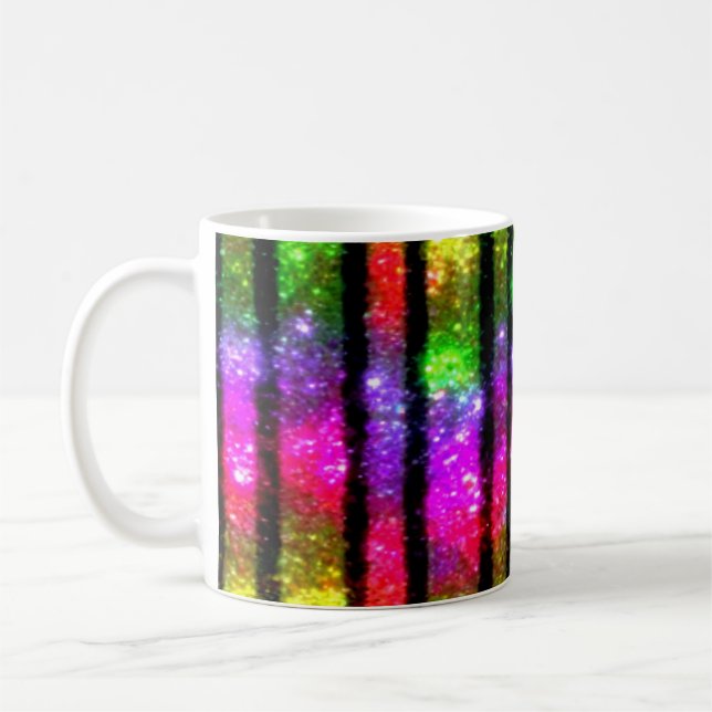 Neon Rainbow Shimmer Stripes Coffee Mug (Left)