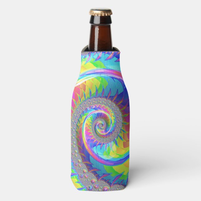 Neon Rainbow Spiral Fractal Abstract Digital Art Bottle Cooler (Bottle Front)