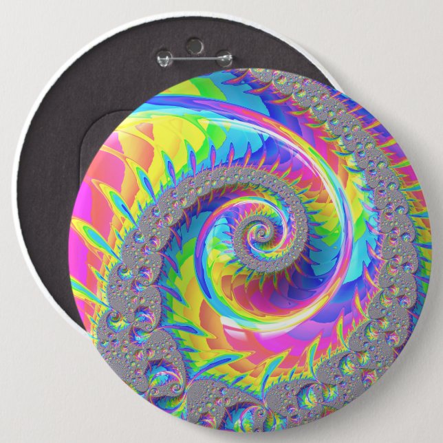 Neon Rainbow Spiral Fractal Abstract Digital Art Button (Front & Back)