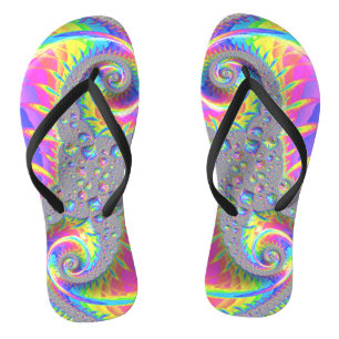 Neon Rainbow Spiral Fractal Abstract Digital Art Flip Flops