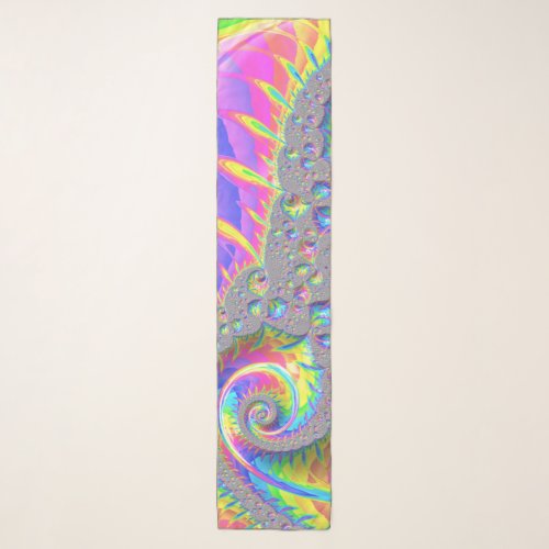 Neon Rainbow Spiral Fractal Abstract Digital Art Scarf