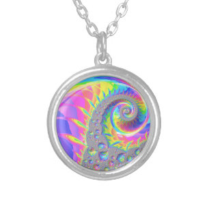 Neon Rainbow Spiral Fractal Abstract Digital Art Silver Plated Necklace