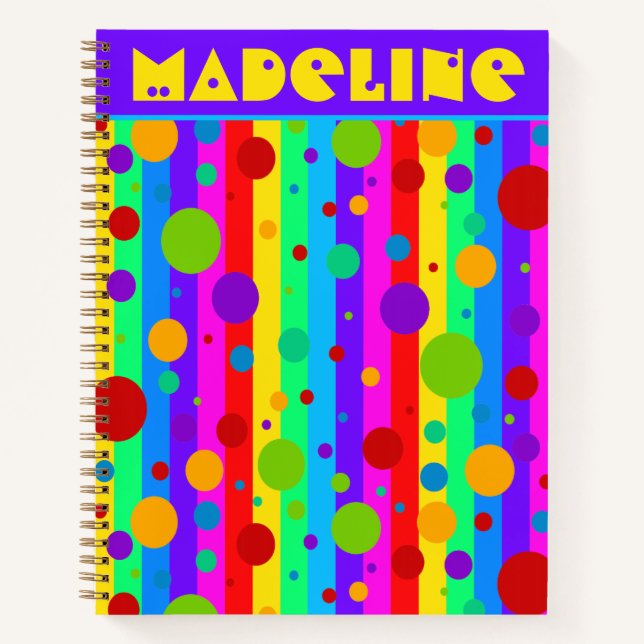 Neon Rainbow Stripe and Polka Dot Custom Notebook (Front)