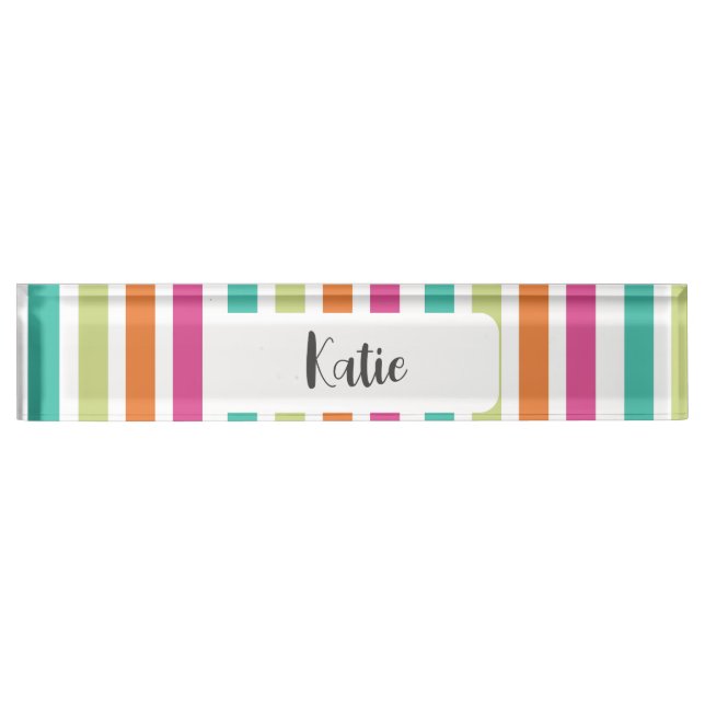 Neon rainbow stripes fun retro  desk name plate (Front)
