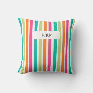 Neon rainbow stripes fun retro throw pillow