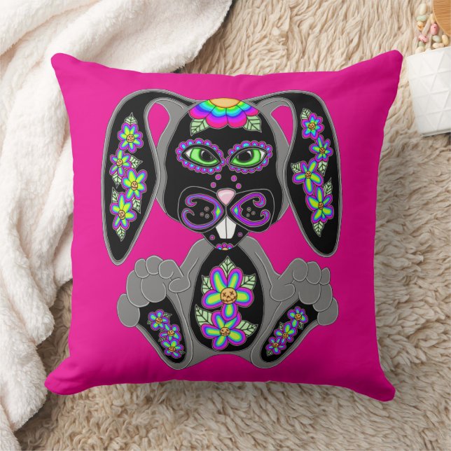 Neon Rainbow Sugar Skull Bunny Throw Pillow (Blanket)