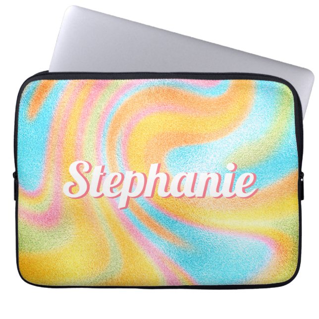 Neon Rainbow Swirl Personalized Name Laptop Sleeve (Front)