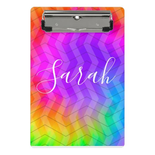 Neon Rainbow Tie Dye Herringbone Monogram Name Mini Clipboard