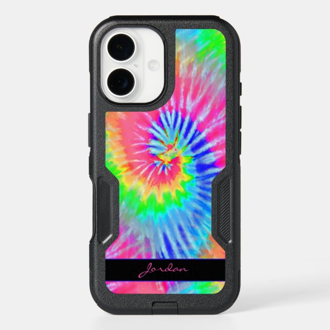 Neon Rainbow Tie Dye Retro Pattern with Name Otterbox iPhone Case (Back)