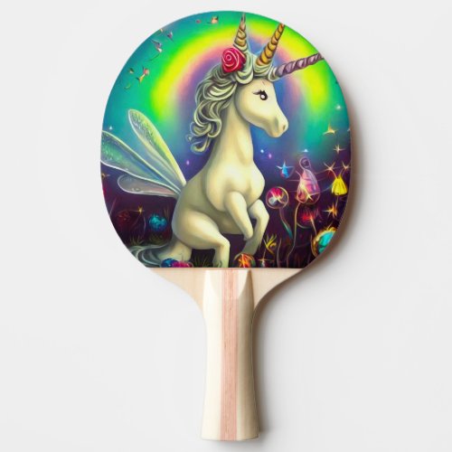 Neon Rainbow Triple Horn Unicorn Ping Pong Paddle