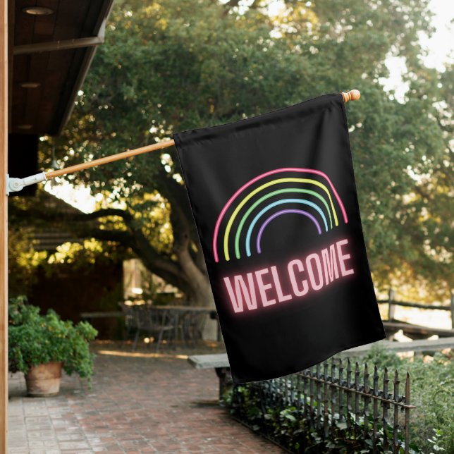 Neon Rainbow Welcome   House Flag (In SItu)