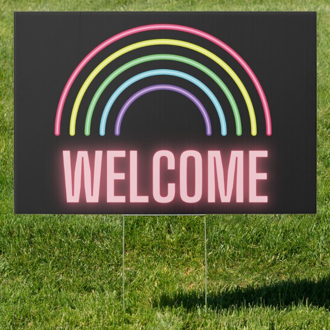 Neon Rainbow Welcome Outdoor Sign (Insitu)