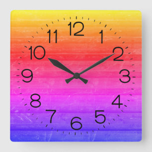 Neon Rainbow Wood Pattern Square Wall Clock