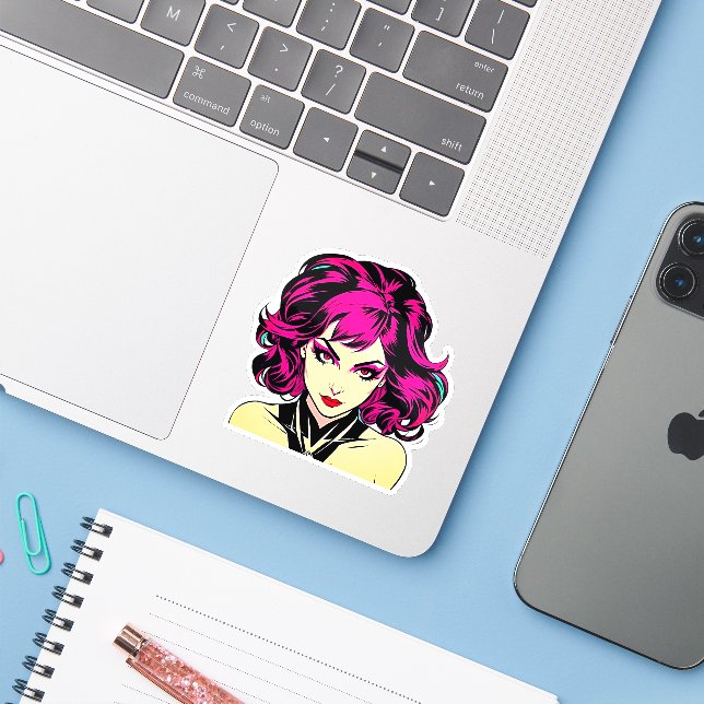 Neon Rebel Anime Girl – Cyberpunk Pop Art Sticker (Laptop w/ iPhone)