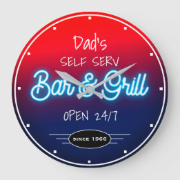 Neon Red Blue Script Dad's or Any Name Bar Grill Large Clock