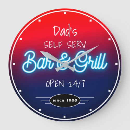 Neon Red Blue Script Dads or Any Name Bar Grill  Large Clock