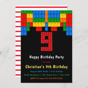 Neon Red Building Blocks 9th Birthday Invitations
