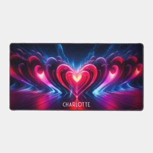 Neon Red Pink Heart Personalized Name Desk Mat