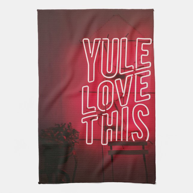 Neon red Yule Love This kitchen Towel (Vertical)