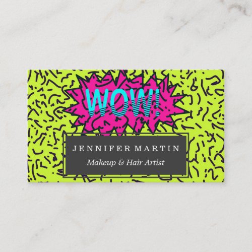 Neon Retro 80s 90s Scribbled Wow Typography Business Card