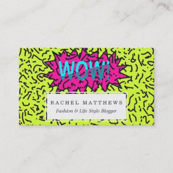 Neon Retro 80's 90's Scribbled Wow! Typography Business Card by BlackStrawberry_Co at Zazzle