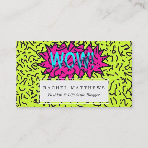 Neon Retro 80s 90s Scribbled Wow Typography Business Card