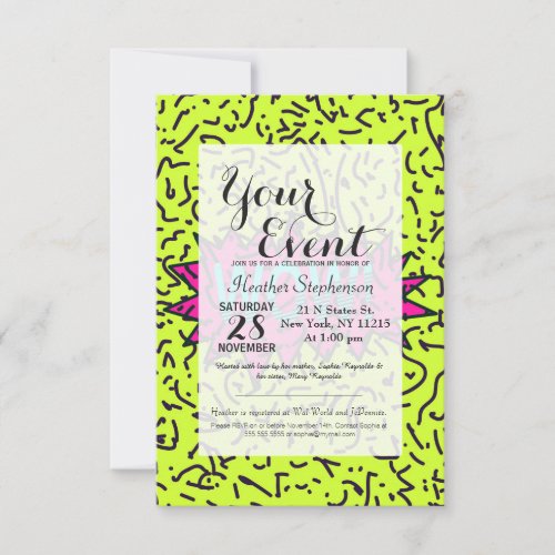 Neon Retro 80s 90s Scribbled Wow Typography Invitation