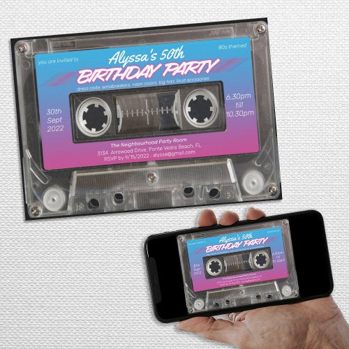 Neon Retro 80s Cassette 50th Birthday Party Invitation