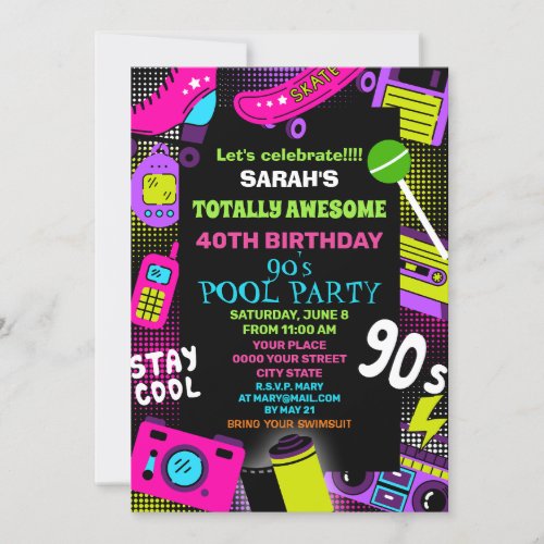 Neon Retro Back to the 90s Birthday Pool Party Invitation