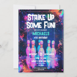 Neon Retro Bowling Strike Up Some Fun Party Invitation