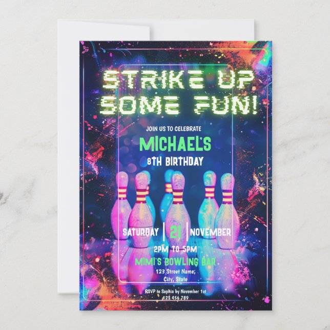 Neon Retro Bowling Strike Up Some Fun Party  Invitation (Front)