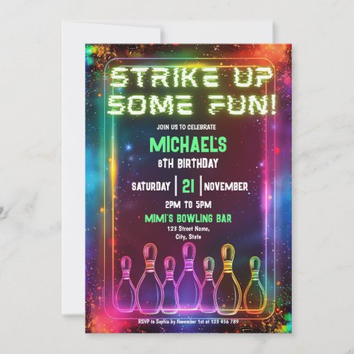 Neon Retro Bowling Strike Up Some Fun Party  Invitation