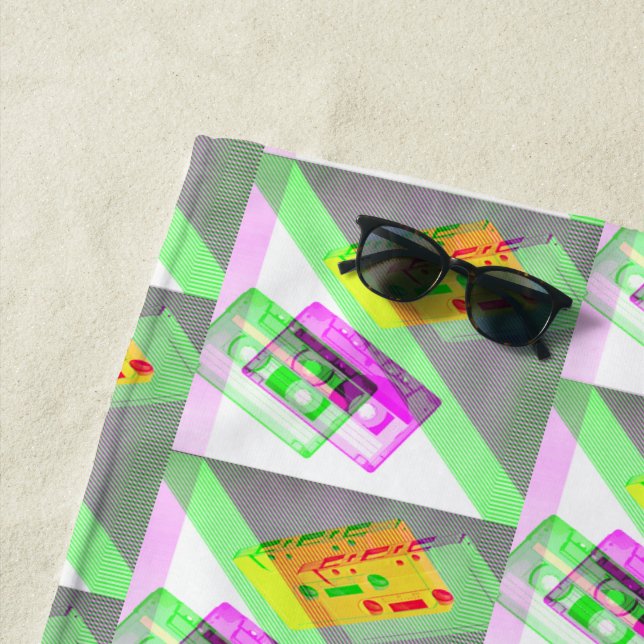 Neon Retro Cassette Tapes Beach Towel (In Situ)