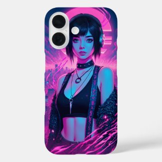 Neon Retro Cyber Punk Rock Girl Poster