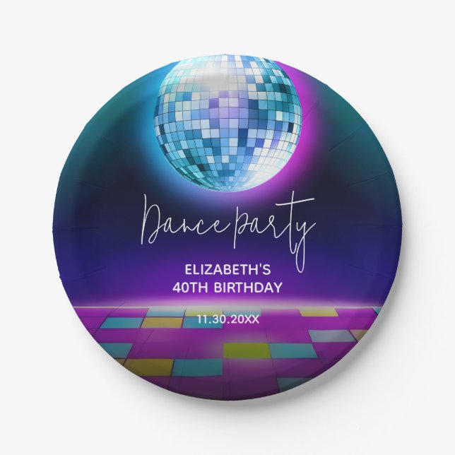 Neon Retro Dance Disco Birthday Party Welcome Paper Plates (Front)