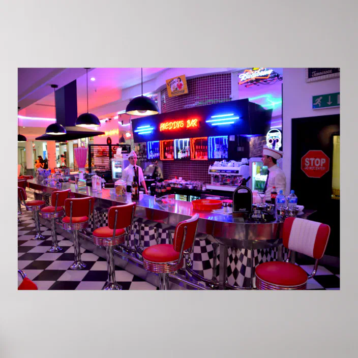 Neon Retro Diner Black White Checkered Poster Zazzle Com