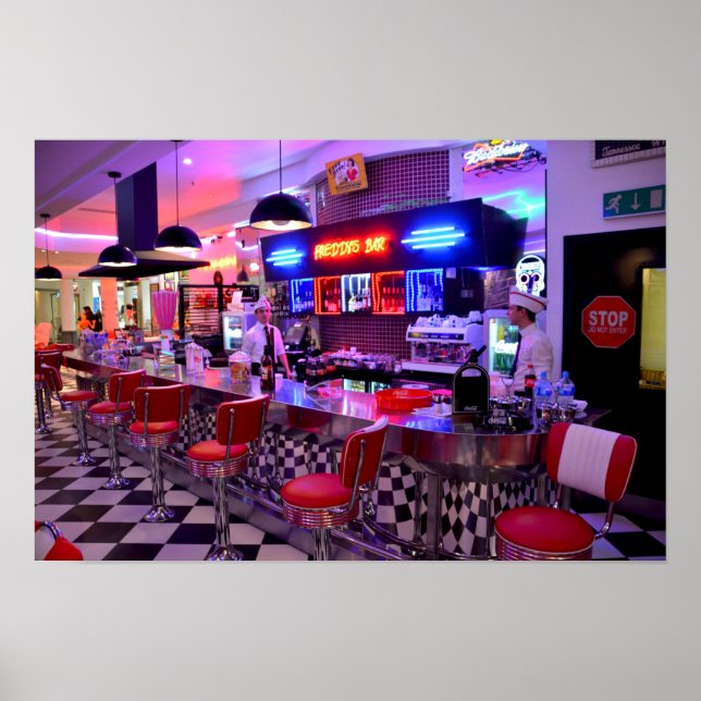 Neon Retro Diner Black White Checkered Poster (Front)