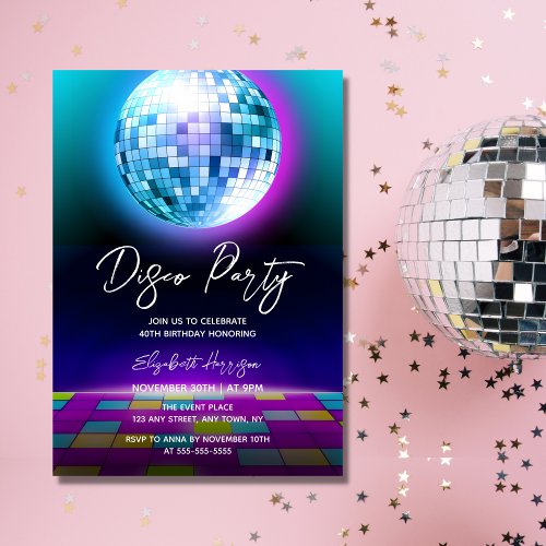 Neon Retro Disco Party Dance Night Birthday Invitation