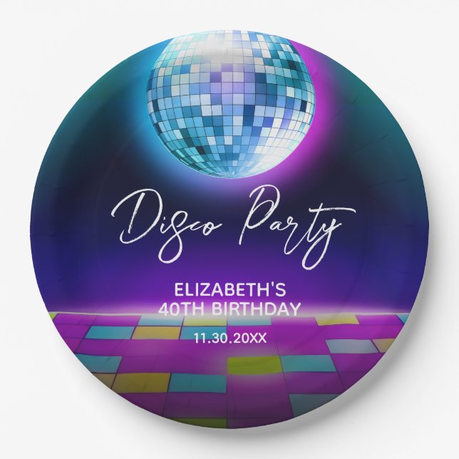 Neon Retro Disco Party Dance Night Birthday Paper Plates (Front)