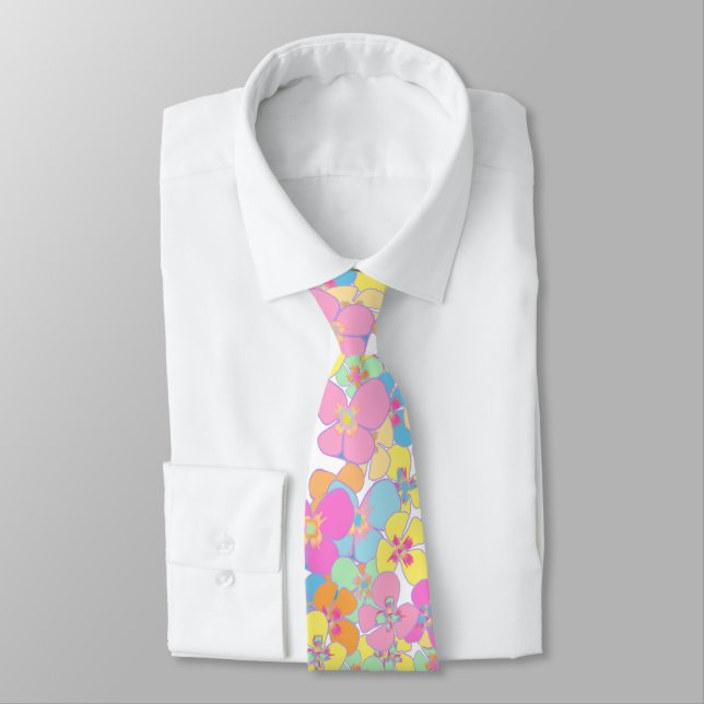Neon Retro Floral Pink Colorful Neck Tie (Tied)